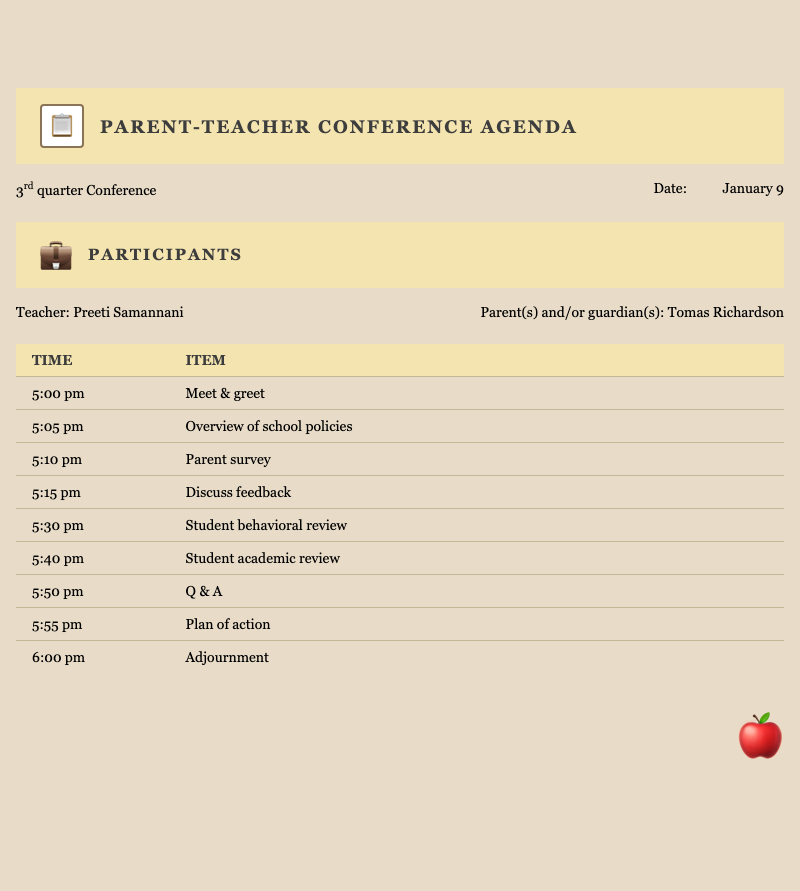 PTA agenda - Elegant parent-teacher conference agenda template with scheduled discussion points and participant details.